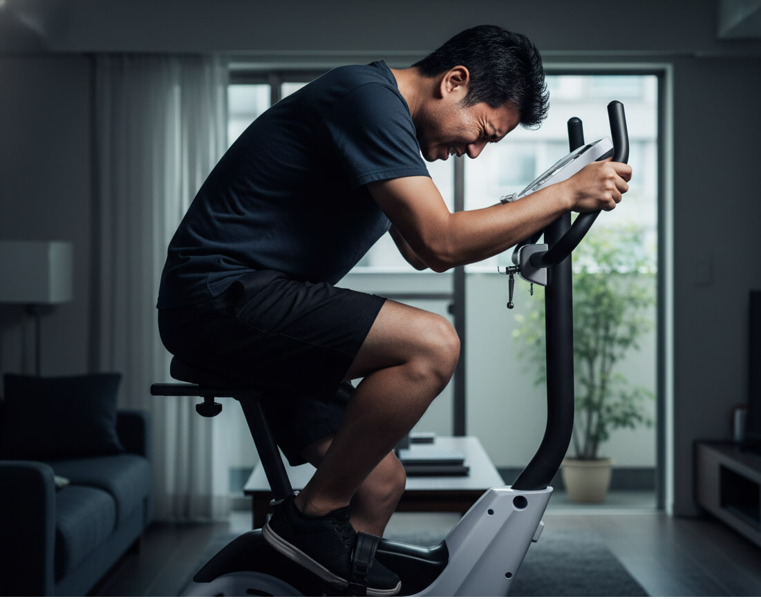 エアロバイクで猫背になり、ハンドルに体重をかけて間違ったフォームで運動している日本人男性